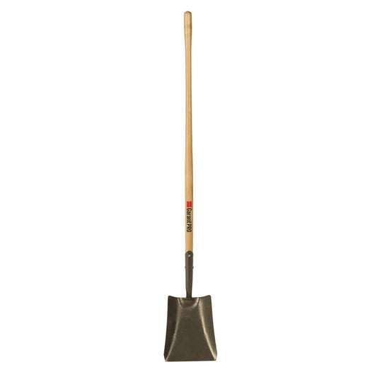 Square point shovel, long wood handle