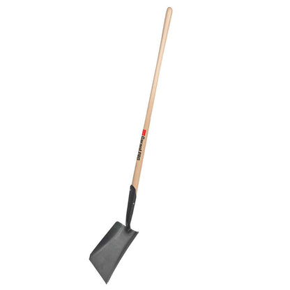 Square point shovel, long wood handle