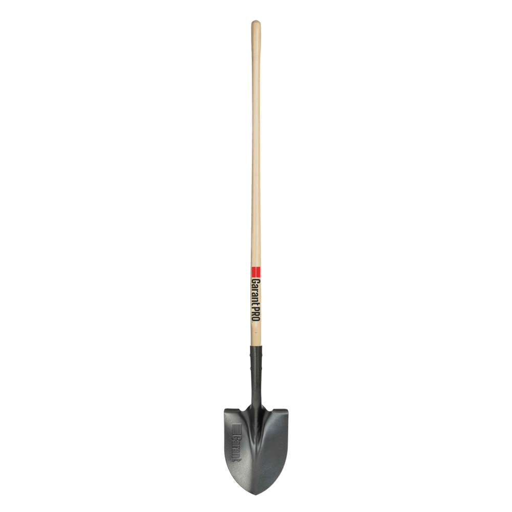 Round point shovel, long wood handle