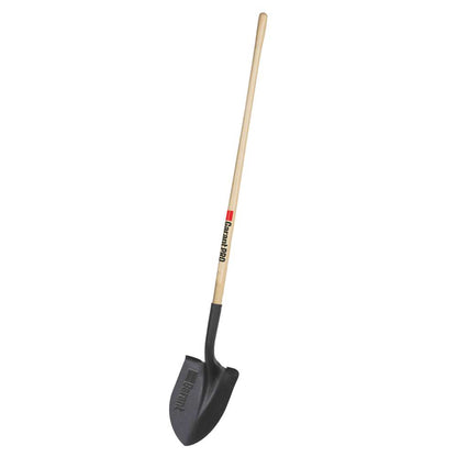 Round point shovel, long wood handle