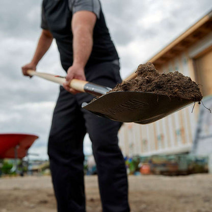 Round point shovel, long wood handle