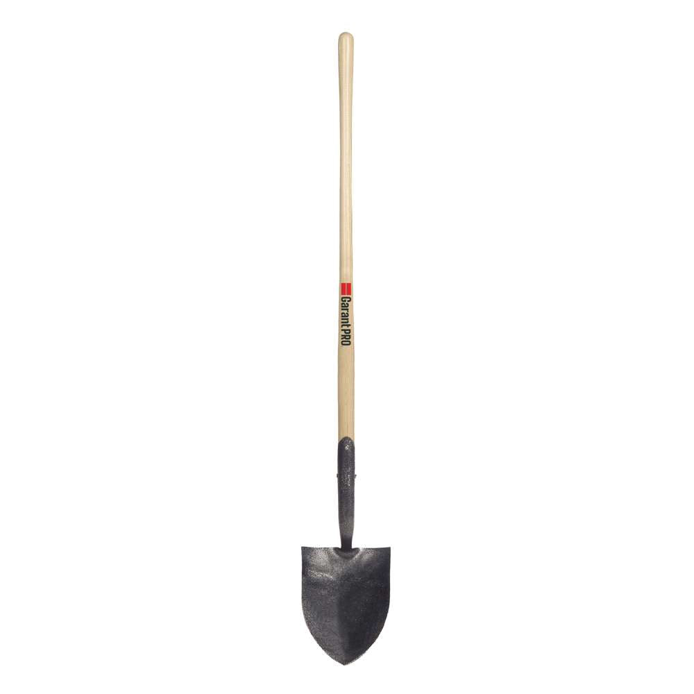 Round point shovel, long wood handle