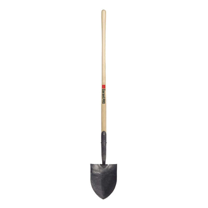 Round point shovel, long wood handle