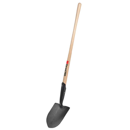 Round point shovel, long wood handle