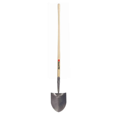 Round point shovel, long wood handle