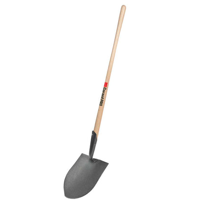 Round point shovel, long wood handle