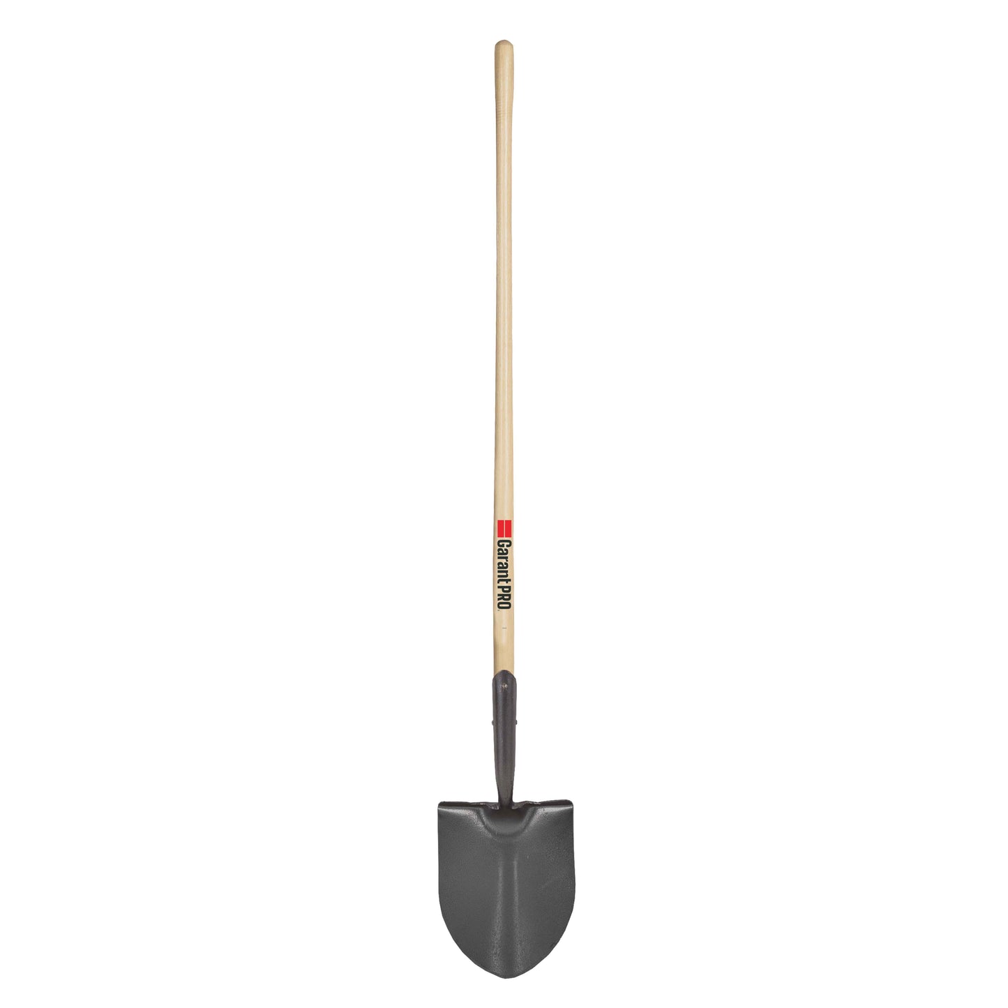 Round point shovel, long wood handle