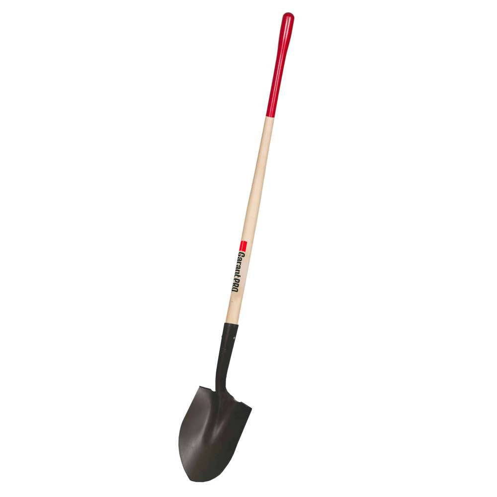 Round point shovel, long wood handle