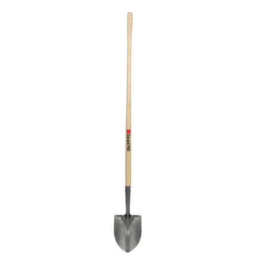 Round point shovel, long wood handle