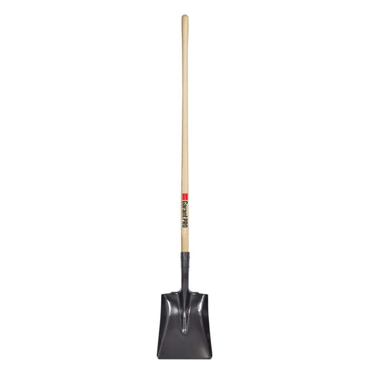 Square point shovel, long wood handle