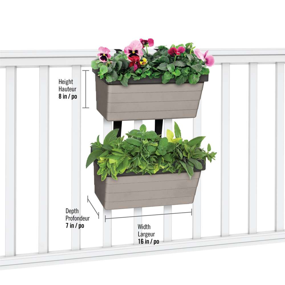 Hanging Garden Kit, includes 2 self-watering railing planter boxes, Greige